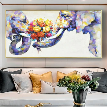 100% ручная роспись современных цветов настенное искусство пара влюбленная животное слон картина маслом на холсте домашний декор произведение искусства подарок