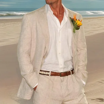 2 шт. Льняные пляжные костюмы для мужчин Бежевый летний жених Смокинг в американском стиле Мужская модная куртка с брюками В наличии 2023