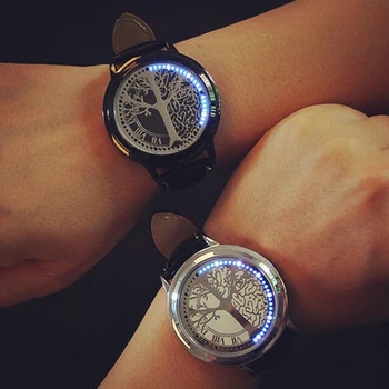 2020 Мужские часы Мужские светодиодные часы Часы с сенсорным экраном Мода Уникальный узор дерева 60 синих огней Светодиодные часы Кожа reloj hombre