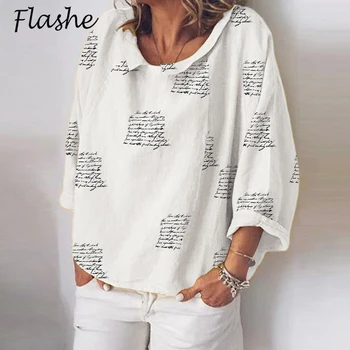 2021 Весна-лето Рубашка с длинным рукавом Женская мода Письмо Печать Поворот Dow Collar Женские топы Свободная футболка Ladie