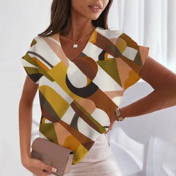 2022 Лето Женская 3D Геометрическая футболка Повседневная Свободная Мода Колорблок Принт V Вырез Базовые Топы Рубашки Пуловер Женская одежда