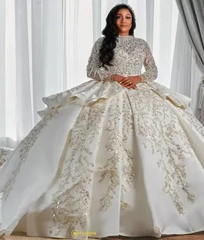 2023 Арабское свадебное платье в Дубае Блестящие пайетки Бисер Длинные рукава Африканские свадебные платья Пышные оборки Robe De Mariage