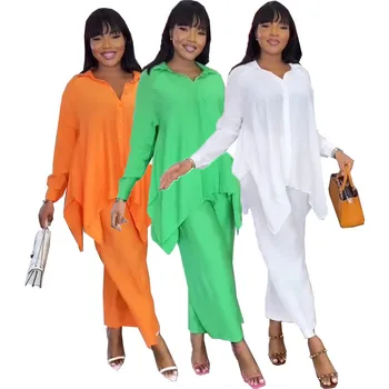 2023 Весна-лето Африканские женщины с длинным рукавом V-образным вырезом Полиэстер Оранжевый зеленый Белый Комплекты из двух частей Топ и длинные брюки Африканский костюм