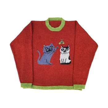2023 Модный женский свитер Веселый пуловер с круглым вырезом для животных Y2K Street Gothic Retro Женский зимний теплый свитер Новый популярный стиль