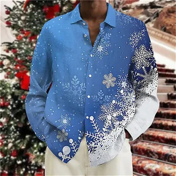 2023 Мужская рождественская рубашка Снежинка Узор 3D-печатная мужская рубашка с длинным рукавом на пуговицах Рубашка Санта-Клауса Высокое качество Топ 6XL