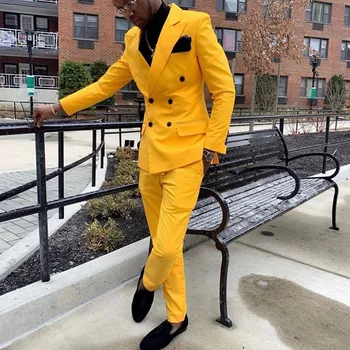 2023 Новое модное поступление Желтые двубортные свадебные костюмы для мужчин Slim Fit 2 шт. Жених Смокинги на заказ Выпускной набор