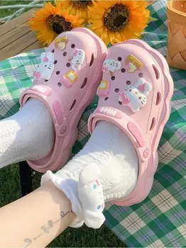 2023 Новый милый Hello Kitty Kuromi Сабо Лето Kawaii Модные сандалии Y2k Обувь на плоской подошве Аниме Sanrio Тапочки Девочки Подарки на день рождения