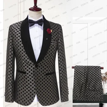 2023 Новый мужской костюм в горошек жаккард с черным бархатным воротником мужской свадебный жених приталенный блейзер 2 шт. комплект смокинг (куртка + брюки)