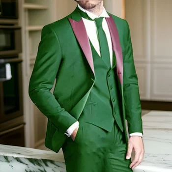 2024 Итальянские облегающие мужские костюмы 3 шт. Пик Лацкан Зеленый Мода На заказ Свадебный жених Смокинг (Пиджак + Жилет + Брюки) На заказ