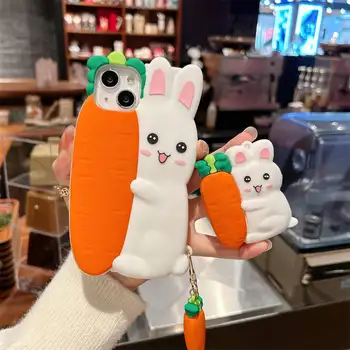 3D Милый Мультяшный Кролик Морковный Чехол Для Телефона для iPhone 14 13 12 11 Pro Max Мягкая резиновая противоударная крышка Стилус Ручка Брелок Кулон