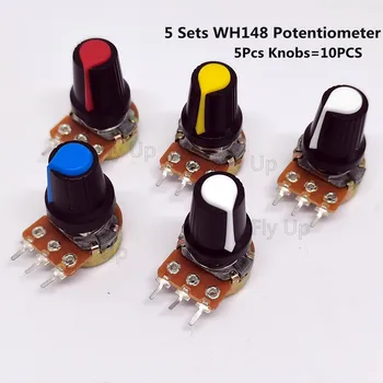 5 комплектов WH148 1K 10K 20K 50K 100K 500K 15 мм 3-контактный линейный конический поворотный потенциометрический резистор для Arduino с AG2 Белый колпачок