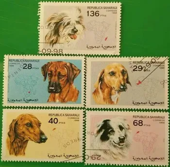 5 шт., почтовая марка Сахары, 1998 г., собачьи марки, настоящий оригинал, используется с почтовым штемпелем
