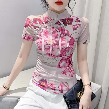 #6822 Винтажная сетчатая футболка с цветочным принтом Женская воротник-стойка с коротким рукавом Косые пуговицы Китайский стиль Ретро Короткая футболка Лето
