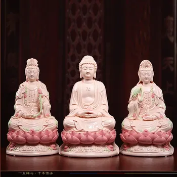 A набор 3шт ГЛАВНАЯ Защита святыни Высококачественная нефритовая керамика СИ ФАН САНЬШЭН Гуань Инь Амитабха Махастхамапрапта Статуя Будды