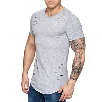 A3378 Дырявые рваные футболки мужские футболки с коротким рукавом фитнес летняя одежда мужская забавная однотонная футболка уличная одежда узкие топы футболки
