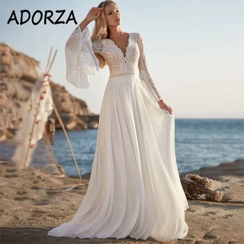 ADORZA Свадебное платье Изысканное кружевное платье с V-образным вырезом и открытой спиной Длинные расклешенные рукава Придворный поезд Vestido de Noiva для невесты