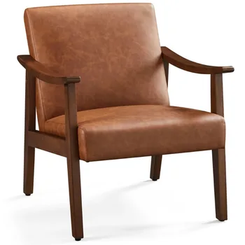 Alden Design Современный акцентный стул середины века с деревянным каркасом, теплая коричневая мебель из искусственной кожи Гостиная