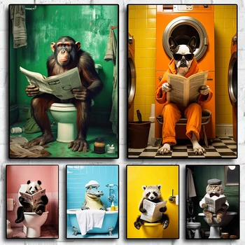 Animal Funny Series Художественная стена Шимпанзе Кошка Собака Домашний декор Картина для ванной комнаты Туалет Холст Живопись Печать Плакаты Подарок