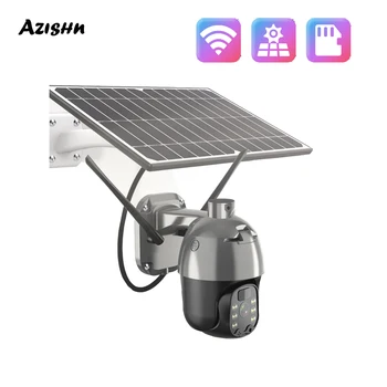 AZISHN Солнечная панель Камера видеонаблюдения 4G / WiFi PTZ Домашнее видеонаблюдение 4-кратный цифровой зум Уличная камера с SD-картой 128 ГБ