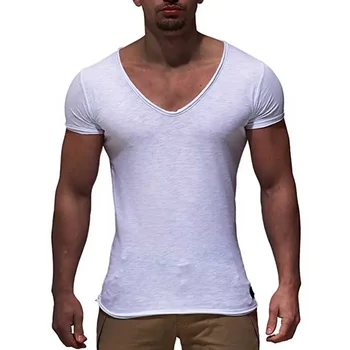 B1843 Новое поступление мужская футболка с глубоким V-образным вырезом и коротким рукавом, облегающая футболка, мужская футболка с тонким верхом, повседневная летняя футболка, camisetas hombre