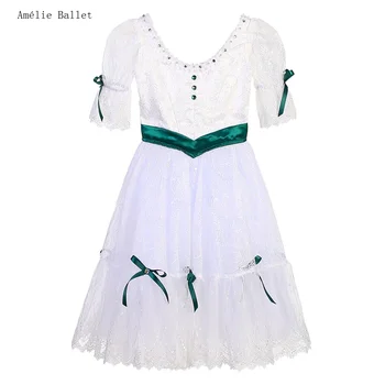 B23060 Средние рукава Белый спандекс и кружевной лиф с отделкой из зеленой ленты на талии Girls & Women Балетная романтическая юбка-пачка