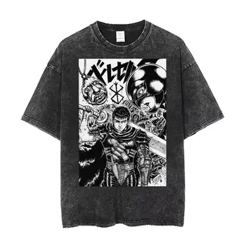 Berserk Guts Черная футболка Swordman Хип-хоп Стирка 100% хлопок Harajuku Футболка Аниме Манга Винтаж Топы Уличная одежда Летние футболки
