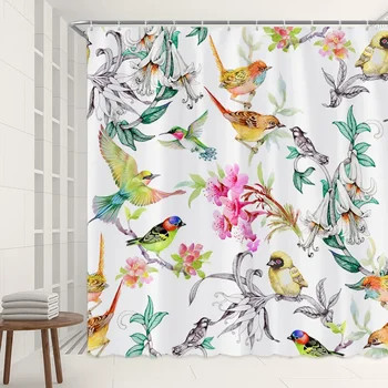 Bird Flowers Занавеска для душа Тропический узор с изображением в стиле гавайских джунглей, набор декора ванной комнаты из ткани с крючками