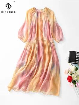 Birdtree 95% Элегантные платья из настоящего шелка для женщин Женское свободное платье с радужным принтом из двух частей А-силуэта Длинное платье миди 2023 лето D37072QM