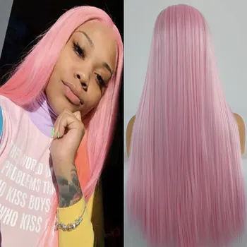  Bombshell Living Pink Silky Straight Synthetic 13X4 Кружевные передние парики Бесклеевые высококачественные термостойкие волосы из волокна для женщин