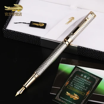 Crocodile 218 Классическая полностью металлическая перьевая ручка Красивая рябь Pettern Silver & Golden For Writing Подарочная ручка с подарочной коробкой FF015