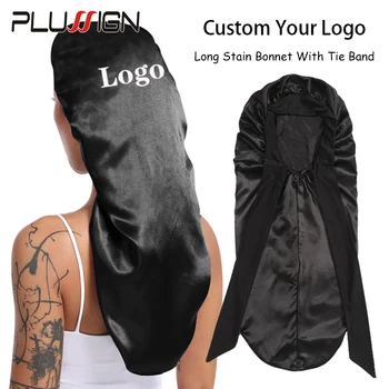 Custom Your Own Logo Длинный атласный чепчик для сна Чепчики для волос с длинным галстуком для женщин Очень большой чепчик для кудрявых волос 10шт