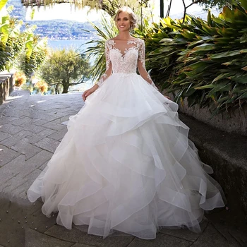 Darla Princess Бальное платье Свадебные платья с длинными рукавами Кружевные аппликации Свадебные платья Юбка с оборками на спине Vestidos De Noiva