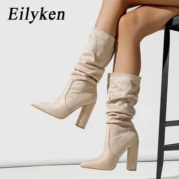 Eilyken Новый дизайн Плиссированные женские ботильоны до середины икры Мода Острый носок Квадратные высокие каблуки Женские туфли-лодочки Slip-On Shoes