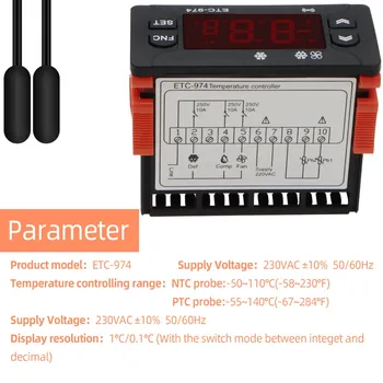 ETC-974 Цифровой регулятор температуры Микрокомпьютерные термостаты Термостат Холодильная сигнализация 220 В NTC Датчик