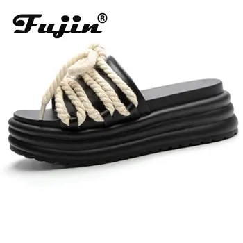Fujin 6CM Новые женские сандалии из натуральной кожи Удобная обувь Мода Лето Peep Nosee Платформа Клин Скольжение на женских дышащих шнуровках