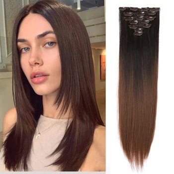 HAIRCUBE Синтетическая длинная прямая прическа 16 зажим для наращивания волос омбре коричневый шиньон термостойкие искусственные волосы для женщин