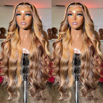  Honey Blonde Highlight Body Wave Wig Синтетический кружевной фронтальный парик Цветные парики с мелированием для женщин Коричневый светлый парик Термостойкий