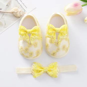 Jlong 0-12 месяцев Младенец Нескользящие туфли с бантом Свадебная обувь для новорожденных принцесс Девочки на плоской подошве Первые ходунки + набор резинок для волос