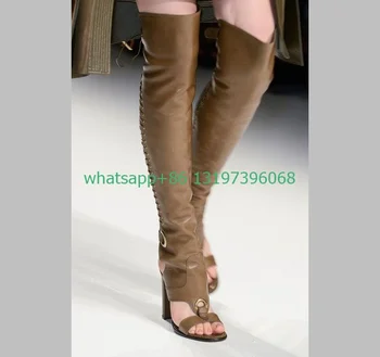 Lady коричневые ботинки на шнуровке на массивном каблуке с массивным каблуком и бедрами, сапоги с открытым носком и вырезом для подиума, новые подиумные сапоги T show обувь размер 35-46