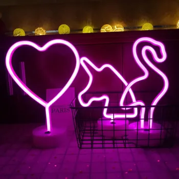 LED Неоновый Розовый Ночник Фламинго Любовь Сердце Настольная Ночница Лампа Батарея Работает Для Украшения День Святого Валентина Домашняя Свадьба