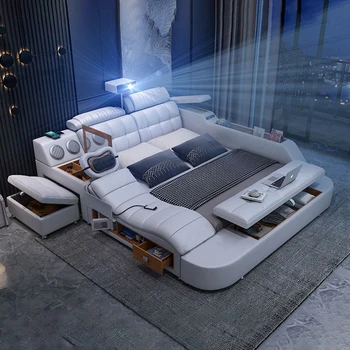 MANBAS Tech Smart Кровать из натуральной кожи | Многофункциональные кровати Ultimate | Массажная кровать татами с проектором | Мягкая Кама
