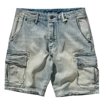  Mcikkny Мужские летние джинсовые шорты с карго Мульти Карманы Винтажные стиранные джинсовые шорты для мужской уличной одежды