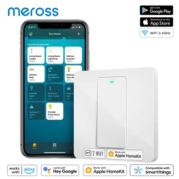 Meross HomeKit 2-позиционный интеллектуальный переключатель Умный выключатель света WiFi Выключатель света с нейтральным проводом Поддержка Alexa, Google Home SmartThings