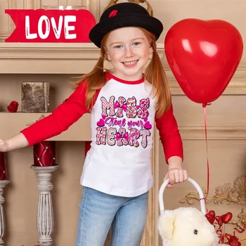 Miss Steal Your Heart Print Valentines Детская футболка Детские рубашки реглан Одежда для девочек и мальчиков Валентинки Дети с длинными рукавами Рубашки