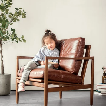 Nordic Solid Wood Leisure Одноместный диван-кресло Белый воск Кожа вниз