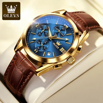 OLEVS Кварцевые мужские часы Роскошные водонепроницаемые светящиеся деловые часы Многофункциональные кожаные модные ремешки Оригинальные брендовые часы