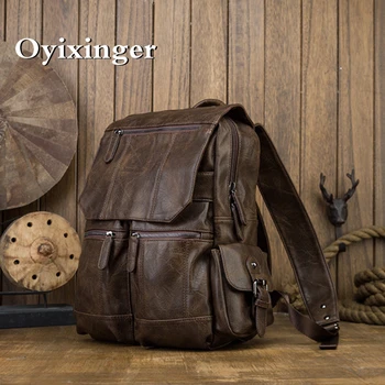 Oyixinger 2024 Новый рюкзак из натуральной кожи Мужская модная дорожная сумка большой емкости Школьная сумка из воловьей кожи 16 дюймов Компьютерные сумки для документов