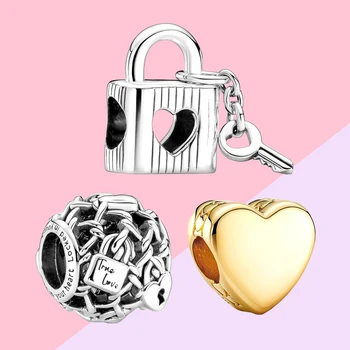 Pandora с гравировкой сердца, замок и ключ от сердца, ажурный замок из звеньев цепи подвесной шарм S925 Серебро для женского браслета DIY Making
