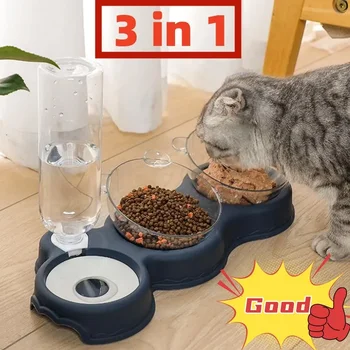  Pet Cat Bowl Автоматическая кормушка 3-в-1 Миска для еды для собак и кошек с фонтаном Двойная чаша для питья Приподнятая подставка Чаши для кошек