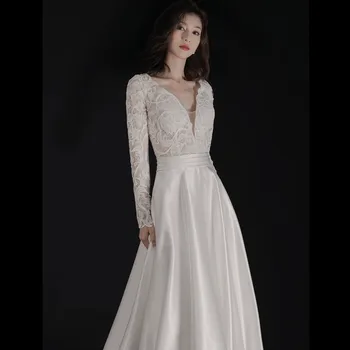 POMUSE Белые роскошные свадебные платья с V-образным вырезом Атласные аппликации Платье невесты до пола Изготовленное на заказ Vestido de Novia для женщин